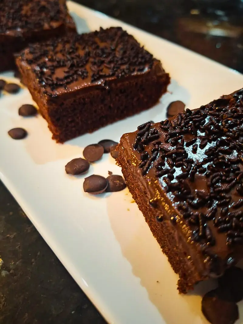 A close-up of a fluffy Moroccan teatime dessert, showing the moist, oil-based cake crumb topped with a rich dark chocolate glaze and sprinkles.