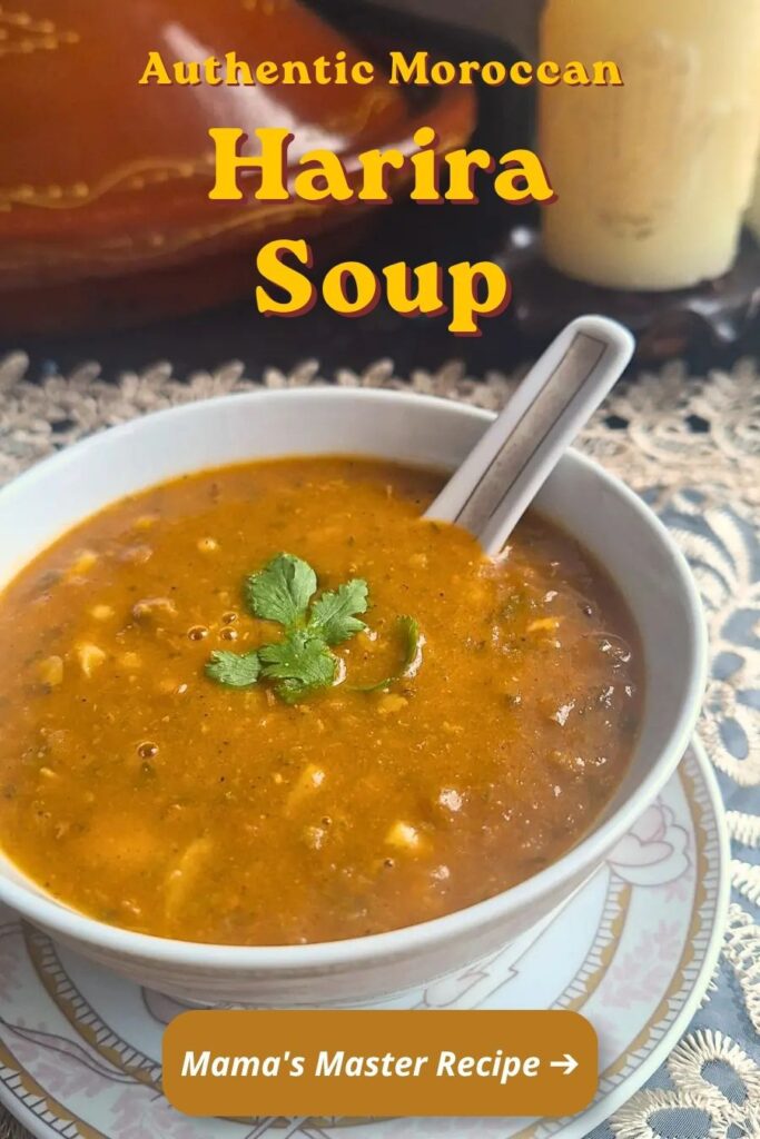 Vertical Pinterest graphic featuring a steaming bowl of authentic Moroccan Harira soup with chickpeas and lentils, with text overlay reading Authentic Moroccan Harira Soup.